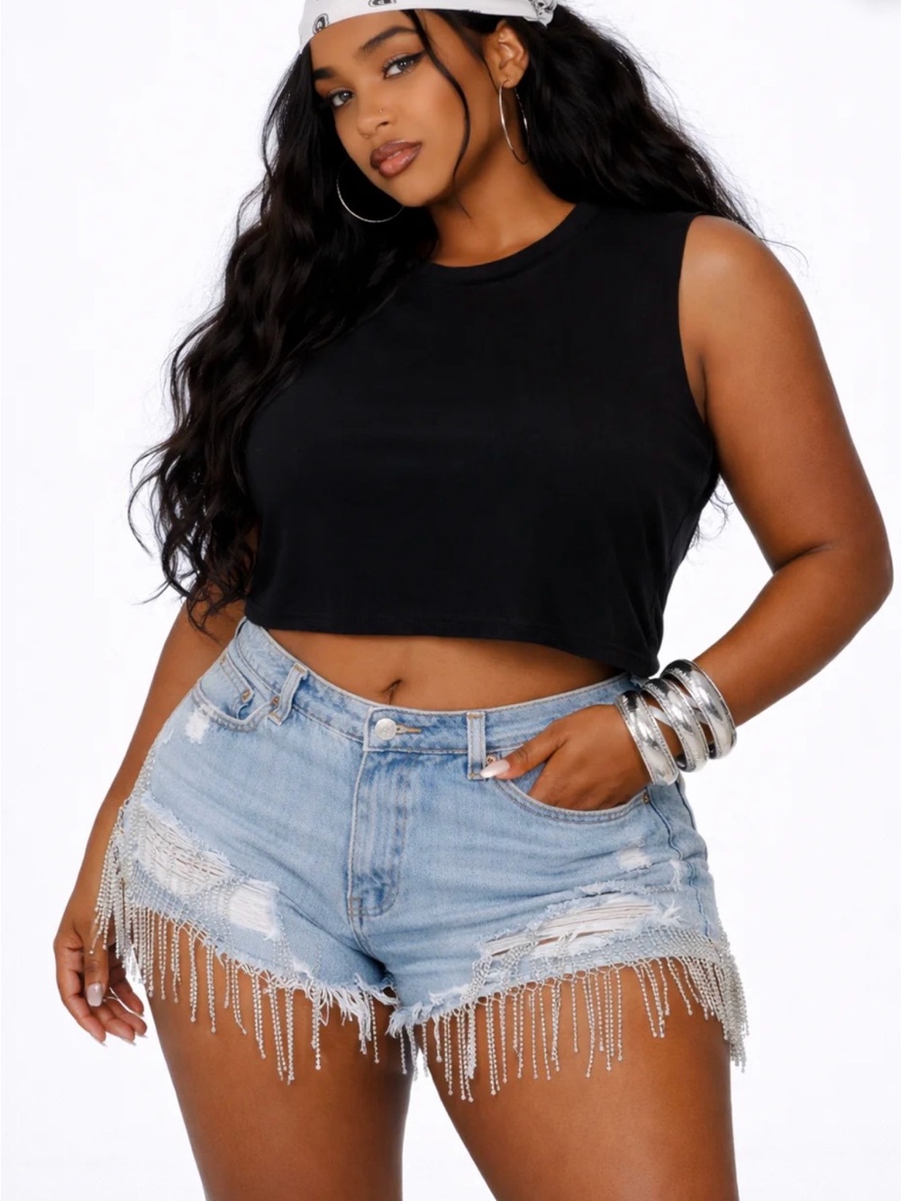 Forever 21 Plus Size Distressed Rhinestone-Fringe Denim Shorts